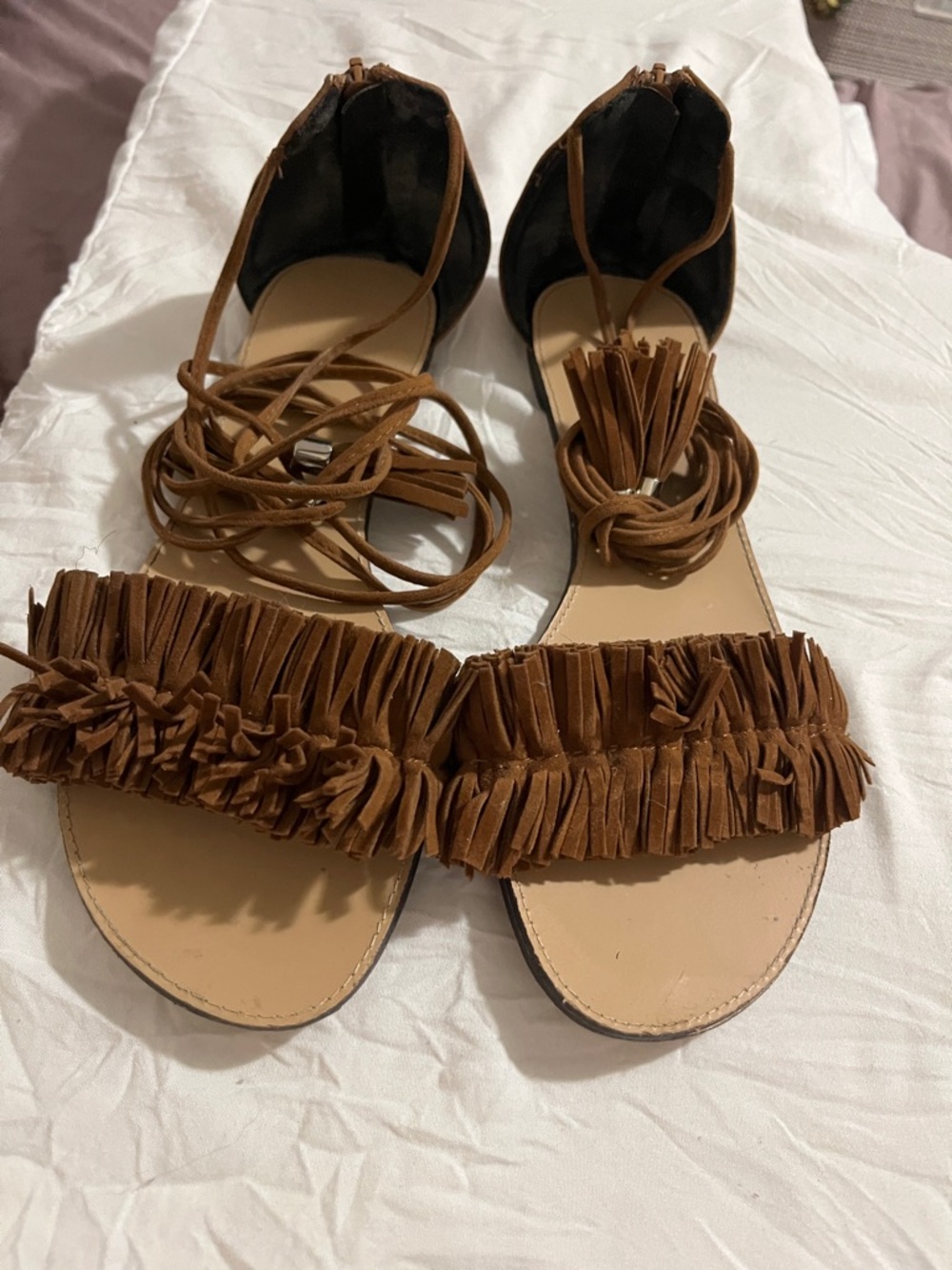 Chase + Chloe Brown Fringe Lace-Up Gladiator Sandals